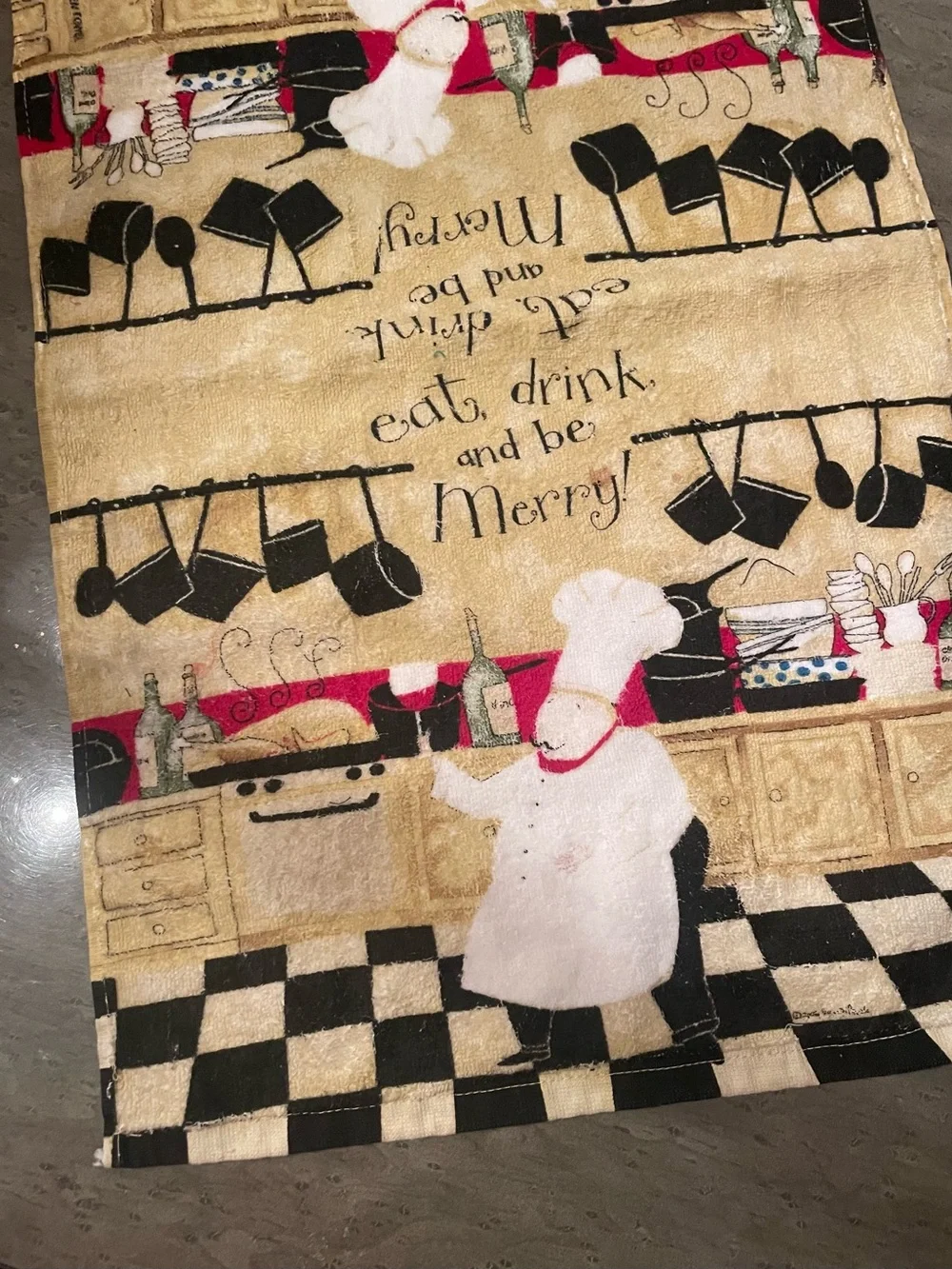 Vintage 90s Chef Kitchen Tea Towel - Beige, Black, White, Red Accents